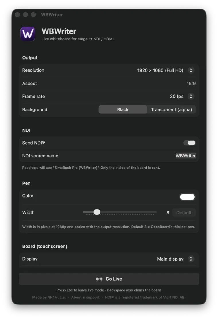 The WBWriter setup window with output, NDI, pen and board settings