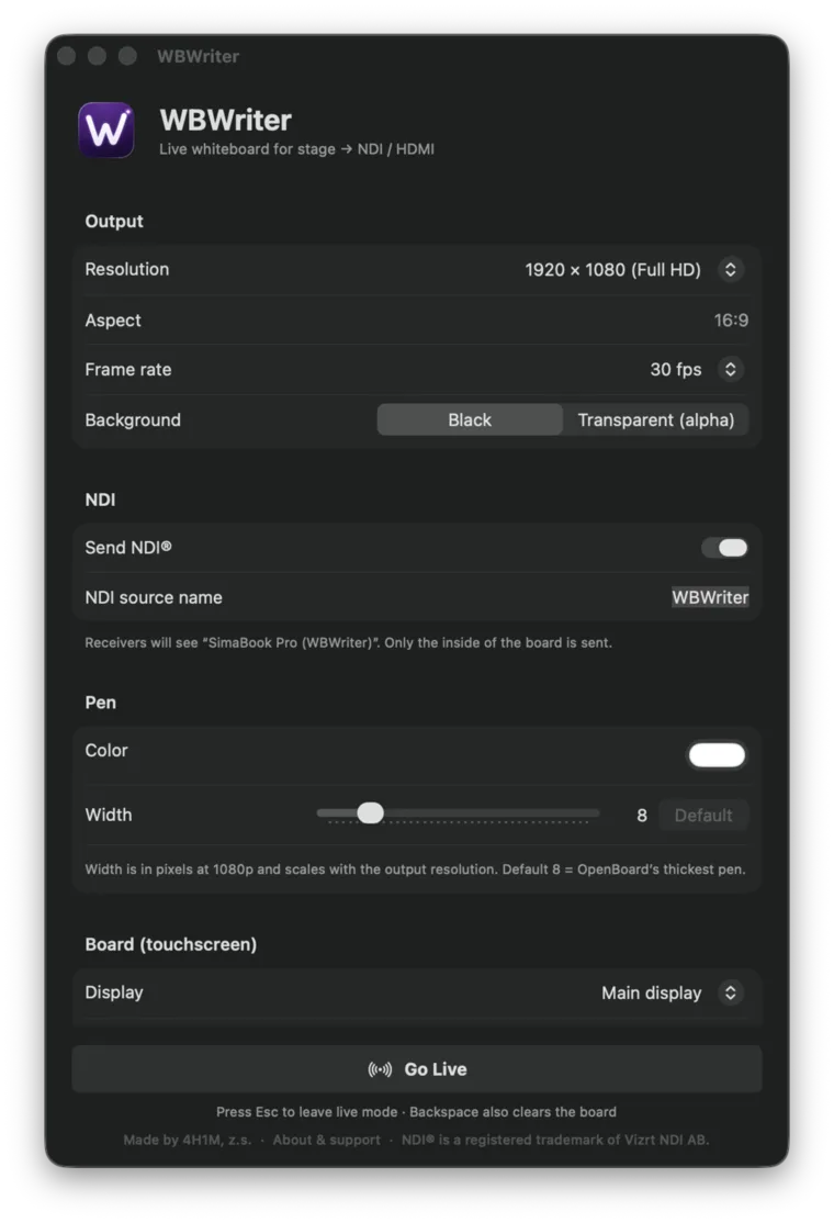 WBWriter setup window with output, NDI, pen and board settings